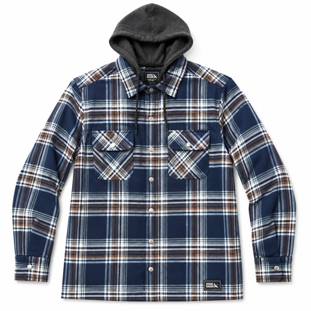 Eddie Bauer Hooded Shirt Jacket Mens S Plaid Flannel Quilted Snap Shacket NWT